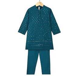 Babyhug Full Sleeves Sequined Embroidered Kurta with Pyjama Set - Teal Blue