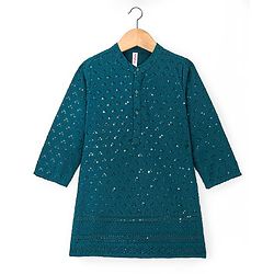 Babyhug Full Sleeves Sequined Embroidered Kurta with Pyjama Set - Teal Blue