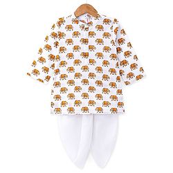 Babyhug 100% Cambric Full Sleeve Elephant Printed Kurta With Solid Dhoti Set - White