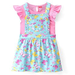 Babyhug Single Jersey Knit Butterfly Printed Frock with Short Sleeves Inner Tee - Blue & Pink