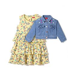 Babyhug 100% Cotton Knit Butterfly Printed Frock with Full Sleeves Denim Jacket - Yellow