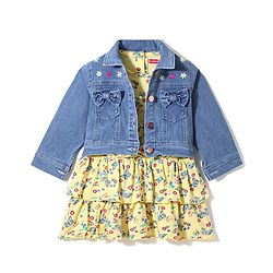 Babyhug 100% Cotton Knit Butterfly Printed Frock with Full Sleeves Denim Jacket - Yellow