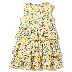 Babyhug 100% Cotton Knit Butterfly Printed Frock with Full Sleeves Denim Jacket - Yellow