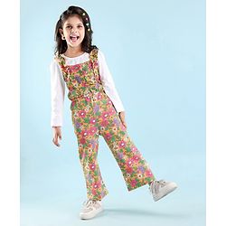 Babyhug Cotton Woven Single Jersey Floral Printed Dungaree and Full Sleeves T-Shirt - Multicolour