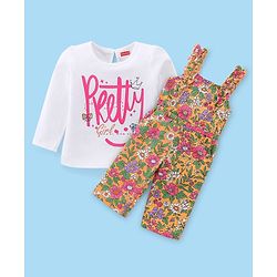 Babyhug Cotton Woven Single Jersey Floral Printed Dungaree and Full Sleeves T-Shirt - Multicolour