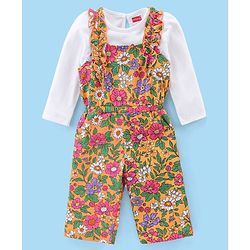 Babyhug Cotton Woven Single Jersey Floral Printed Dungaree and Full Sleeves T-Shirt - Multicolour