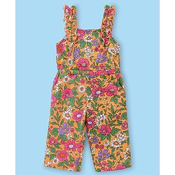 Babyhug Cotton Woven Single Jersey Floral Printed Dungaree and Full Sleeves T-Shirt - Multicolour