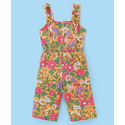 Babyhug Cotton Woven Single Jersey Floral Printed Dungaree and Full Sleeves T-Shirt - Multicolour