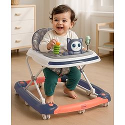 Babyhug Bunny Face 2 In 1 Walker Cum Rocker With 3 Level Adjustable Height & Musical Play Tray With Light -Blue| Adjustable Soft Cushion Seat| Smooth Swivel Wheels| Removable Toy Tray| Compact Fold