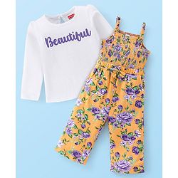 Babyhug 100% Cotton Knit Full Sleeves T-Shirt & Dungaree With Floral Print - Yellow & Purple