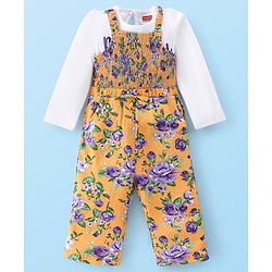 Babyhug 100% Cotton Knit Full Sleeves T-Shirt & Dungaree With Floral Print - Yellow & Purple