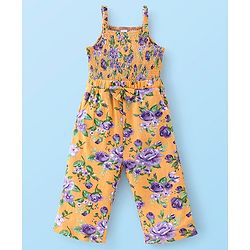 Babyhug 100% Cotton Knit Full Sleeves T-Shirt & Dungaree With Floral Print - Yellow & Purple