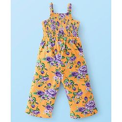 Babyhug 100% Cotton Knit Full Sleeves T-Shirt & Dungaree With Floral Print - Yellow & Purple