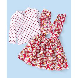 Babyhug Cotton  Knit Full Sleeves Top with Skirt Floral  Printed - Red