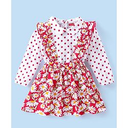 Babyhug Cotton  Knit Full Sleeves Top with Skirt Floral  Printed - Red