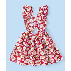 Babyhug Cotton  Knit Full Sleeves Top with Skirt Floral  Printed - Red
