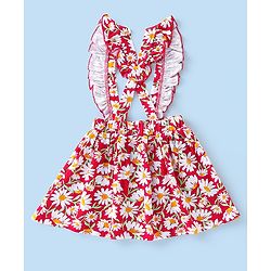 Babyhug Cotton  Knit Full Sleeves Top with Skirt Floral  Printed - Red