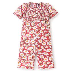 Babyhug 100% Cotton Knit Half Sleeveless Jumpsuit with Floral Print - Red