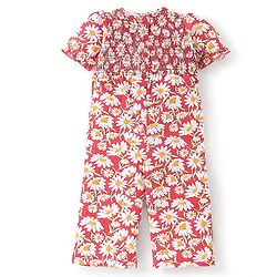 Babyhug 100% Cotton Knit Half Sleeveless Jumpsuit with Floral Print - Red
