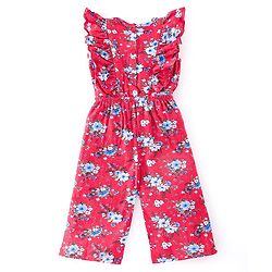 Babyhug 100% Cotton Knit Half Sleeves Jumpsuit with Floral Print - Red