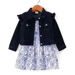 Babyhug Knit Full Sleeves Solid Jacket with Frill Detailing & Floral Printed Frock - Navy Blue & White