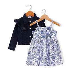 Babyhug Knit Full Sleeves Solid Jacket with Frill Detailing & Floral Printed Frock - Navy Blue & White
