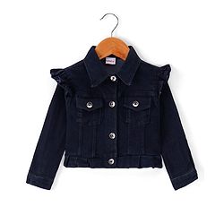 Babyhug Knit Full Sleeves Solid Jacket with Frill Detailing & Floral Printed Frock - Navy Blue & White