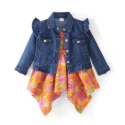 Babyhug Sleeveless Floral Printed Frock with Jacket - Orange