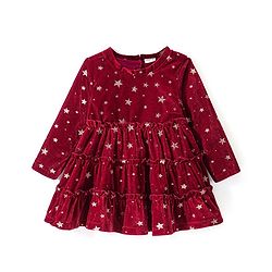 Babyhug Woven Full Sleeves Frock With Star Print - Red