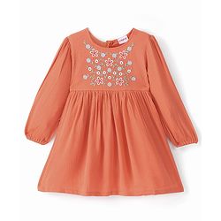 Babyhug Cotton Knit Full Sleeves Floral Embroidery Frock - Orange