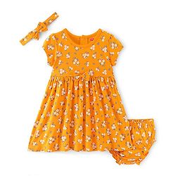 Babyhug Cotton Knit Half Sleeves Floral Print Frock with Bloomer & Headband - Yellow