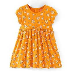Babyhug Cotton Knit Half Sleeves Floral Print Frock with Bloomer & Headband - Yellow