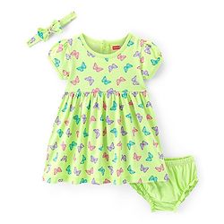 Babyhug Cotton Knit Half Sleeves Frock with Bloomer & Headband Butterfly Printed - Green
