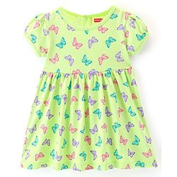 Babyhug Cotton Knit Half Sleeves Frock with Bloomer & Headband Butterfly Printed - Green