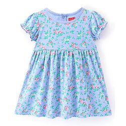 Babyhug Cotton Knit Half Sleeves Frock with Bloomer & Hairband Floral Printed - Blue