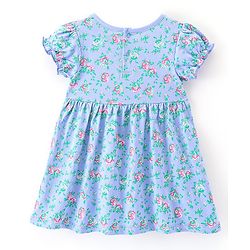 Babyhug Cotton Knit Half Sleeves Frock with Bloomer & Hairband Floral Printed - Blue