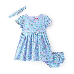 Babyhug Cotton Knit Half Sleeves Frock with Bloomer & Hairband Floral Printed - Blue