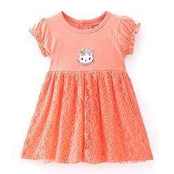 Babyhug 100% Cotton Half Sleeves Frock With Kitty Print - Peach