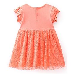 Babyhug 100% Cotton Half Sleeves Frock With Kitty Print - Peach