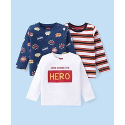 Babyhug 100% Cotton Full Sleeves T-Shirt with Text Graphics Print & Striped Pack of 3  - Blue & White