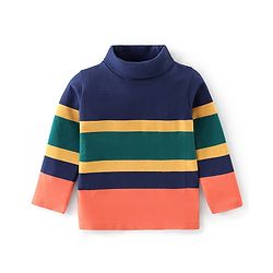 Babyhug Cotton Knit Full Sleeves Striped Skivi T-Shirt - Navy Blue & Orange
