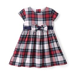 Babyhug Woven Yard Dyed Half Sleeves Checks Frock with Bow Applique - Red
