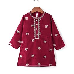 Babyhug Woven Full Sleeves Foil Printed Kurta & Pyjama Set - Maroon & White
