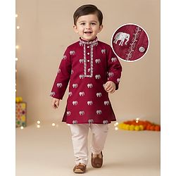 Babyhug Woven Full Sleeves Foil Printed Kurta & Pyjama Set - Maroon & White