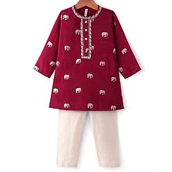 Babyhug Woven Full Sleeves Foil Printed Kurta & Pyjama Set - Maroon & White