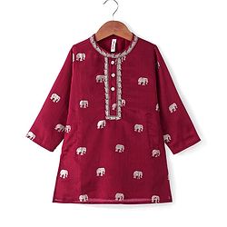 Babyhug Woven Full Sleeves Foil Printed Kurta & Pyjama Set - Maroon & White