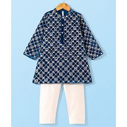 Babyhug Full Sleeves Sequined Embroidered Kurta with Pyjama Set - Teal
