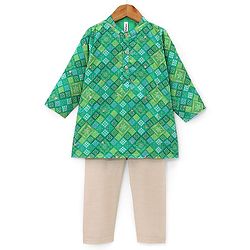Babyhug Full Sleeves Printed with Sequenced Embroidered Kurta & Pyjama Set - Green