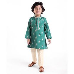 Babyhug Full Sleeves Rendier Print & Embroidered Kurta with Solid Pyjama Set-Teal
