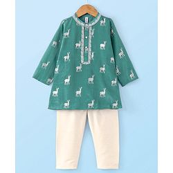 Babyhug Full Sleeves Rendier Print & Embroidered Kurta with Solid Pyjama Set-Teal